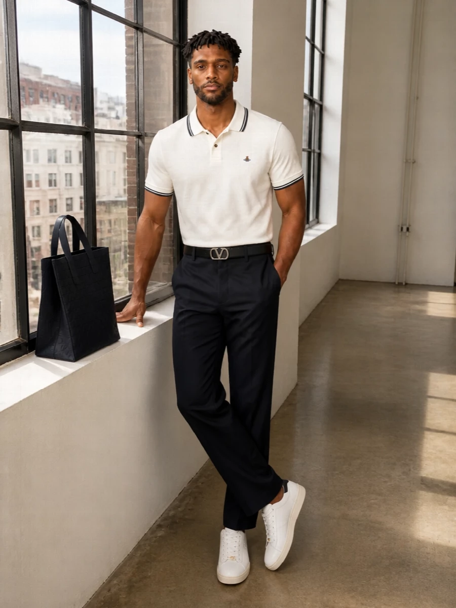 Vivienne Westwood’s tipped polo is grounded with deep navy pleated trousers for a clean, quietly assertive take on modern prep. Optic white sneakers keep it relaxed while the structured navy tote and slim belt finish the silhouette with understated polish. The result is a sharp, easy uniform that moves from studio days to informal dinners without ever feeling overdone.