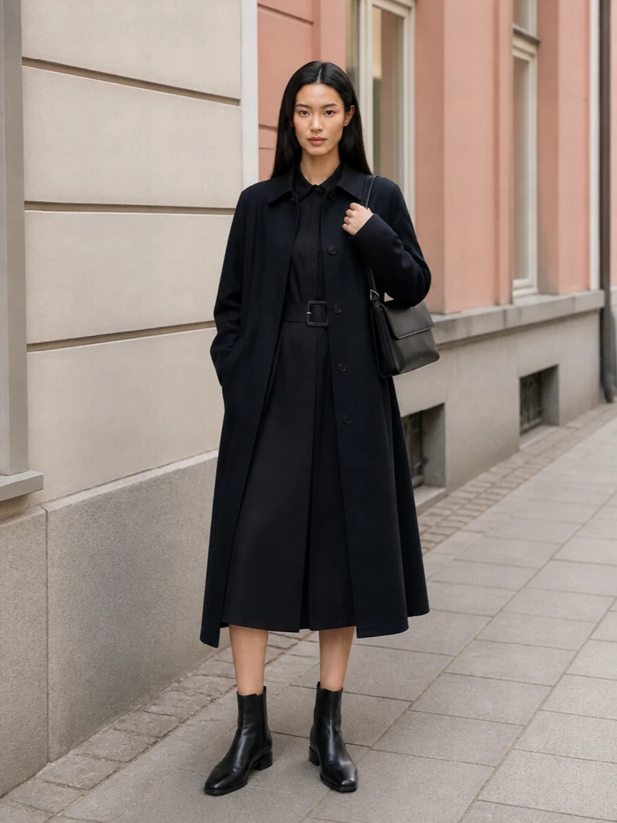 Apc navy coat black shirt dress ankle boots