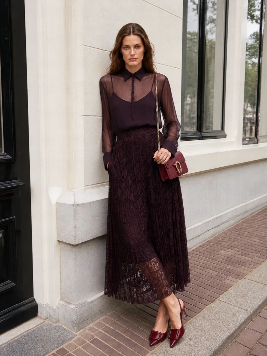 Ermanno scervino aubergine evening outfit lace skirt