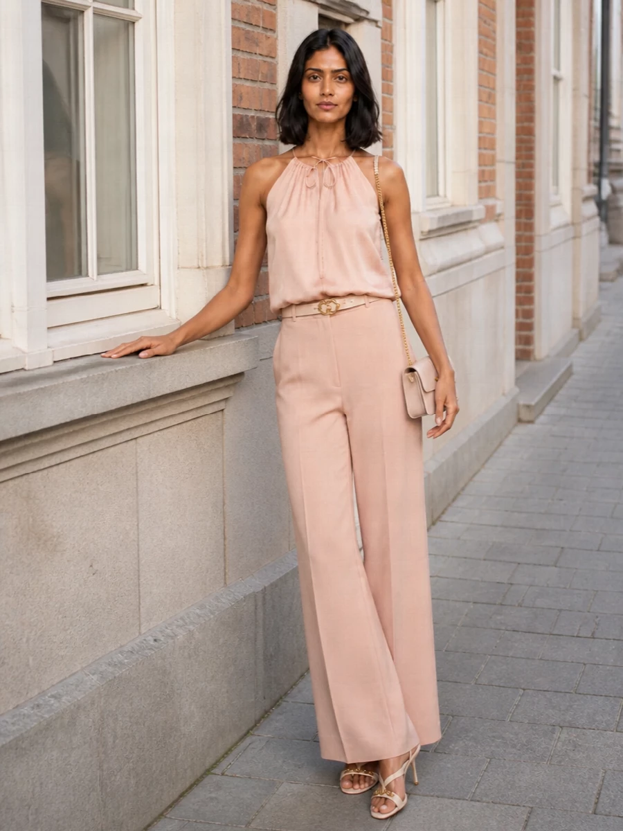 A soft blush-on-blush palette keeps this wide-leg trouser combination serene and quietly polished for warm city evenings. The fluid halterneck and high rise create a long, uninterrupted line, while strappy heels and a structured flap bag introduce just enough shine. A slim nude belt ties the gold accents together and gently defines the waist without disturbing the ease.