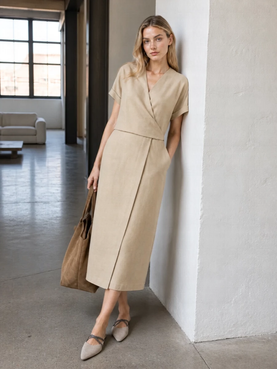This look builds a softly structured, tonal column around the sand Brunello Cucinelli wrap midi dress, letting its clean V-neckline and belted waist echo the tote’s sculptural yet relaxed character. The light taupe pointed flat mules keep everything understated and quietly luxurious, offering just enough sharpness at the toe to balance the dress’s ease while remaining effortless for warm city days or terrace lunches.