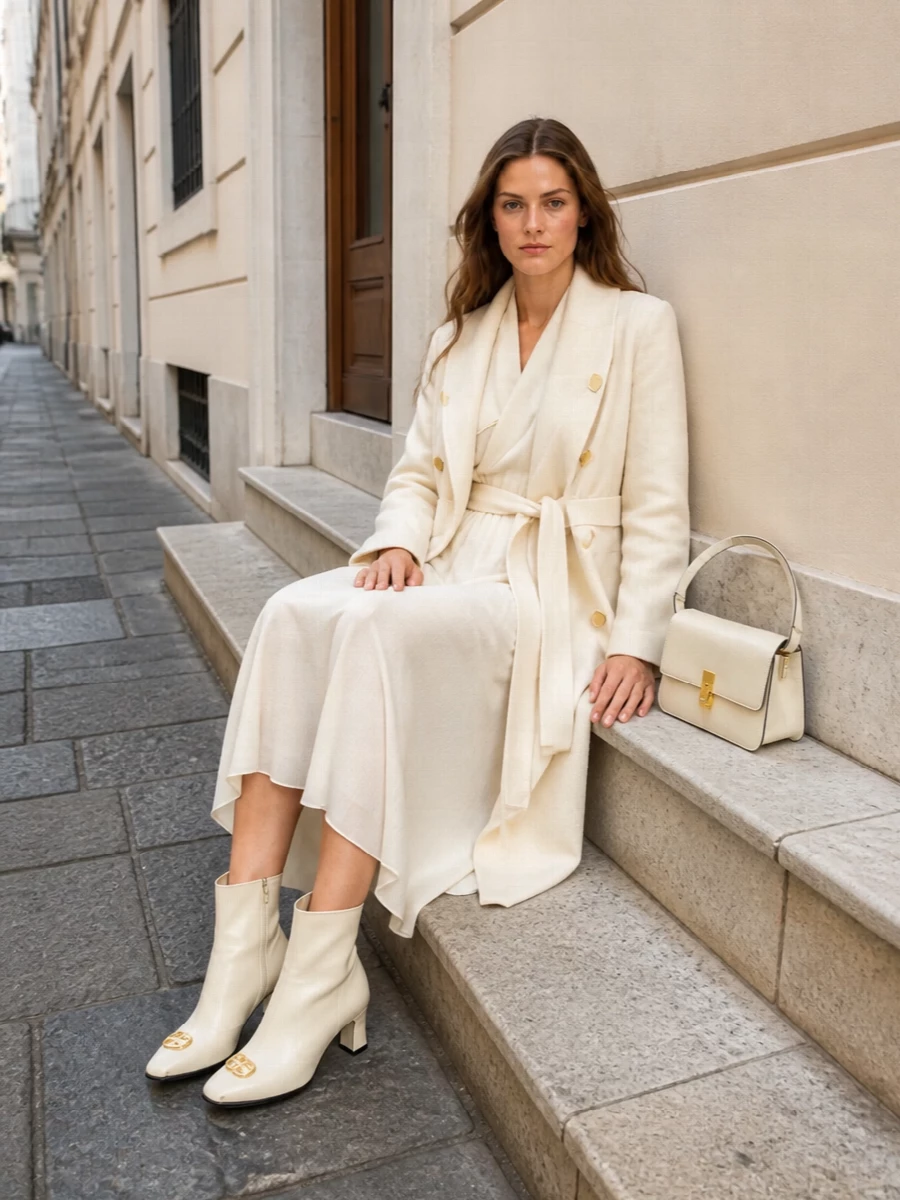 This is a winter-cream column, all soft movement under a sculpted Alberta Ferretti trench with jewel-like buttons. I chose the dress route rather than tailoring, because the fluid ivory midi keeps the line uninterrupted and romantic, letting the coat and gold accents do the quiet talking while tone-on-tone boots and bag maintain that luminous, city-ready polish.