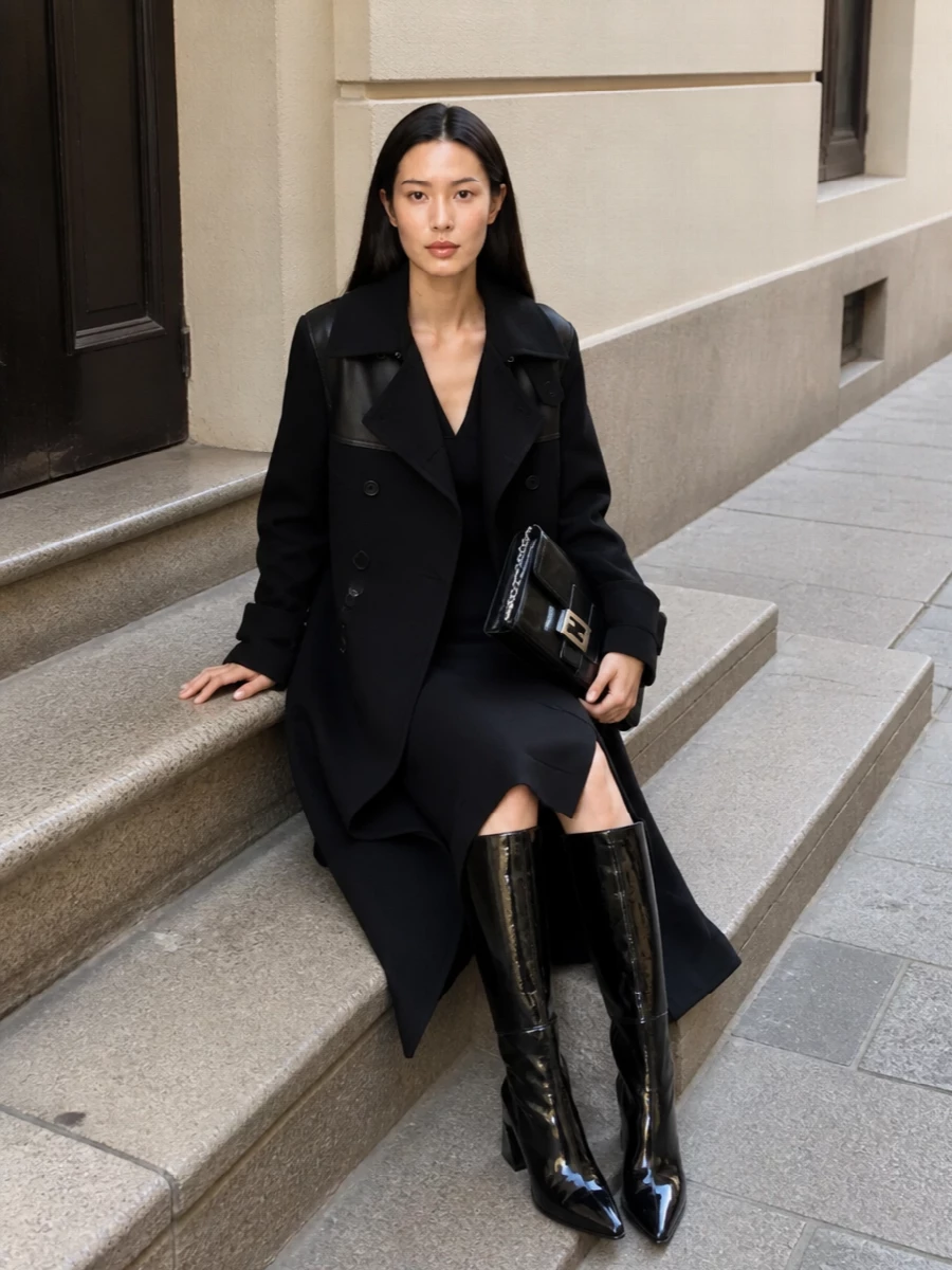Fendi black coat midi dress boots outfit