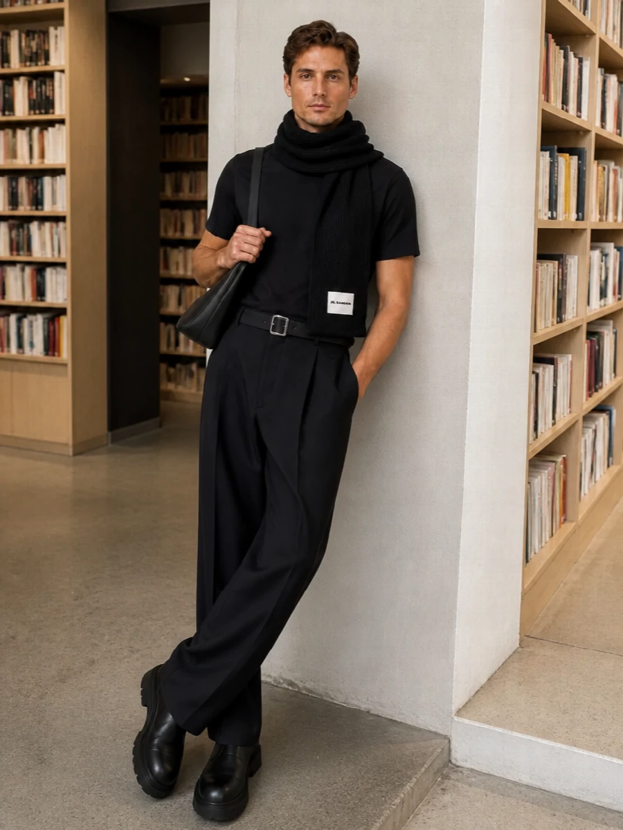 A black Jil Sander tee and high-rise wide-leg trouser create a column of clean lines that feels calm, architectural, and quietly confident. Chunky black Chelsea boots and a sculpted crescent bag keep the silhouette grounded yet fluid, while the ribbed scarf adds winter depth without disturbing the minimal palette. It is an all-black, gallery-ready uniform that moves easily from studio days to precise evening plans.