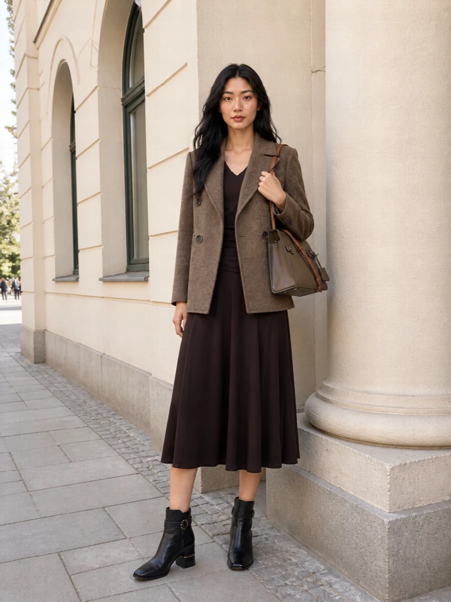 Tory burch taupe blazer chocolate midi dress