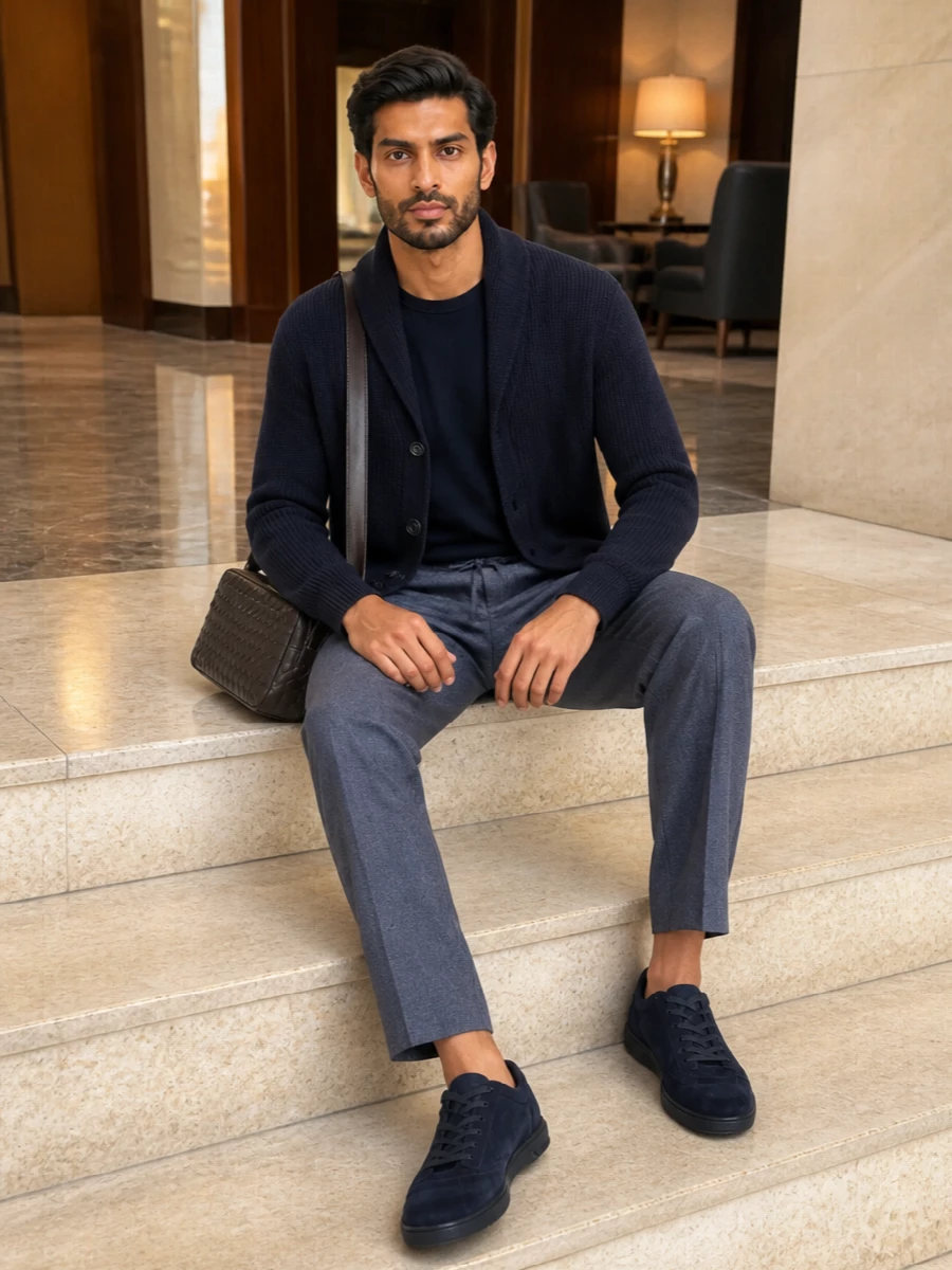 Brunello cucinelli navy cardigan flannel trousers