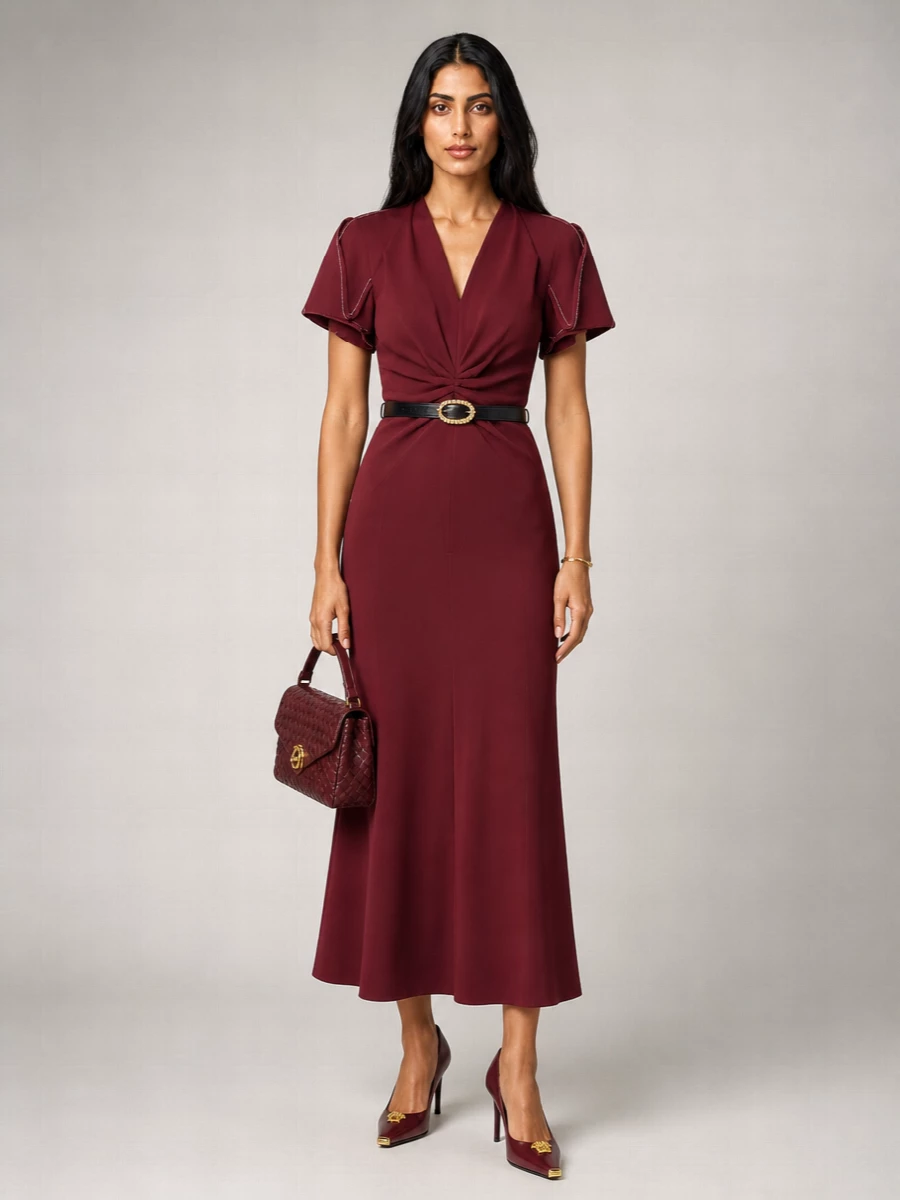 Victoria Beckham V-Neck Pleated Midi Dress
