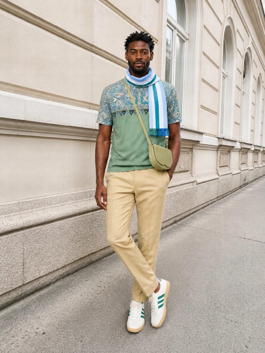 Etro paisley tee sand chinos adidas sneakers