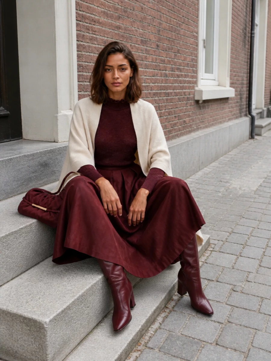 Alberta ferretti burgundy knit midi skirt outfit