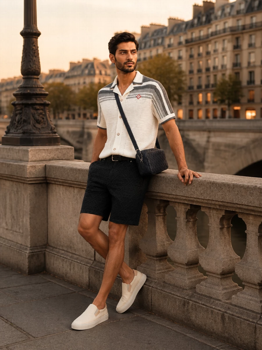This look leans into Casablanca’s Riviera polish with the off‑white and grey crochet camp shirt paired to structured charcoal jacquard shorts for a refined yet relaxed SS ensemble. Cream low-profile slip‑on sneakers keep the lines clean and understated, while a woven navy Bottega crossbody and a slim black belt finish the outfit with quiet, architectural luxury suitable for city days that move into evening drinks.