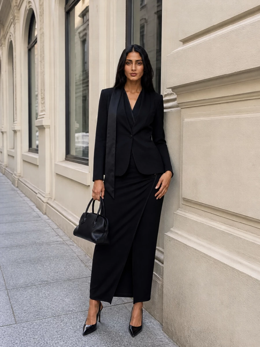 The attico black tuxedo blazer wrap maxi outfit