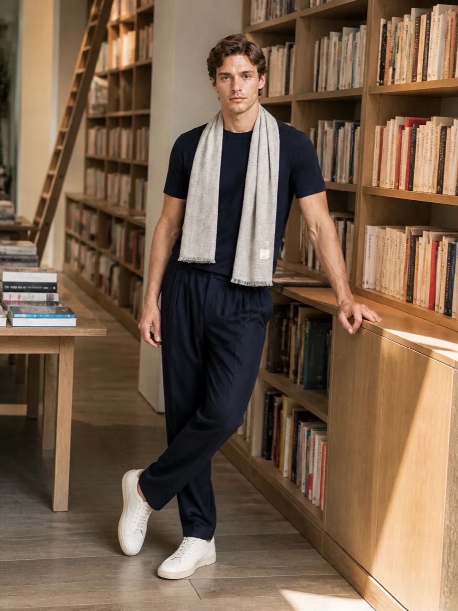 Deep navy on top and pleated navy trousers create a calm, continuous column, with off-white sneakers and tote breaking the palette just enough to feel fresh for warm days. The light stone scarf ties those tones together, keeping the mood relaxed, precise and quietly luxurious. Wear it for city days that move from coffee to dinner without needing to change a thing.