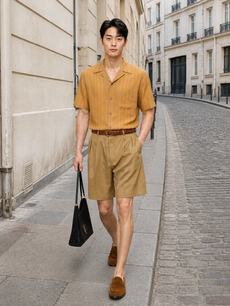 Saint laurent camp shirt camel shorts outfit