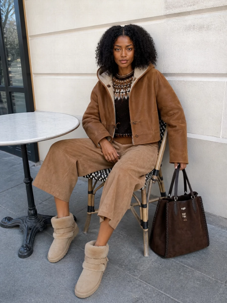 Anchoring the outfit with top and culotte rather than a dress lets the sculptural Isabel Marant shearling jacket stay casual, textural and a bit boho, which most dresses here would formalize. The Fair Isle sweater, suede culottes, shearling boots and braided suede tote create a warm, tonal winter story that feels Parisian, chalet-adjacent and quietly nomadic without losing polish. Proportions stay modern through the cropped jacket over a regular knit and architectural culotte, with the soft, grounded accessories keeping the silhouette intentional rather than bulky.