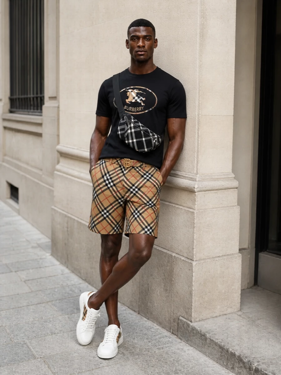 This look leans into Burberry heritage with a modern, street-preppy twist: the black equestrian crest tee is grounded by camel check shorts that pick up the logo’s tan tones for a cohesive, graphic statement. Clean white leather sneakers with discreet check, a monochrome sling and a reversible TB belt keep the accessories elevated yet unfussy, so the outfit feels quietly luxurious rather than over-branded. It’s an easy SS uniform for city days, balancing comfort with clear designer intent.