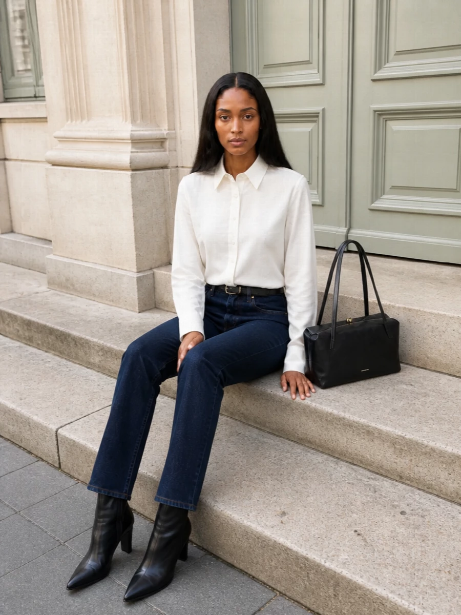 Jil sander dark jeans white shirt ankle boots