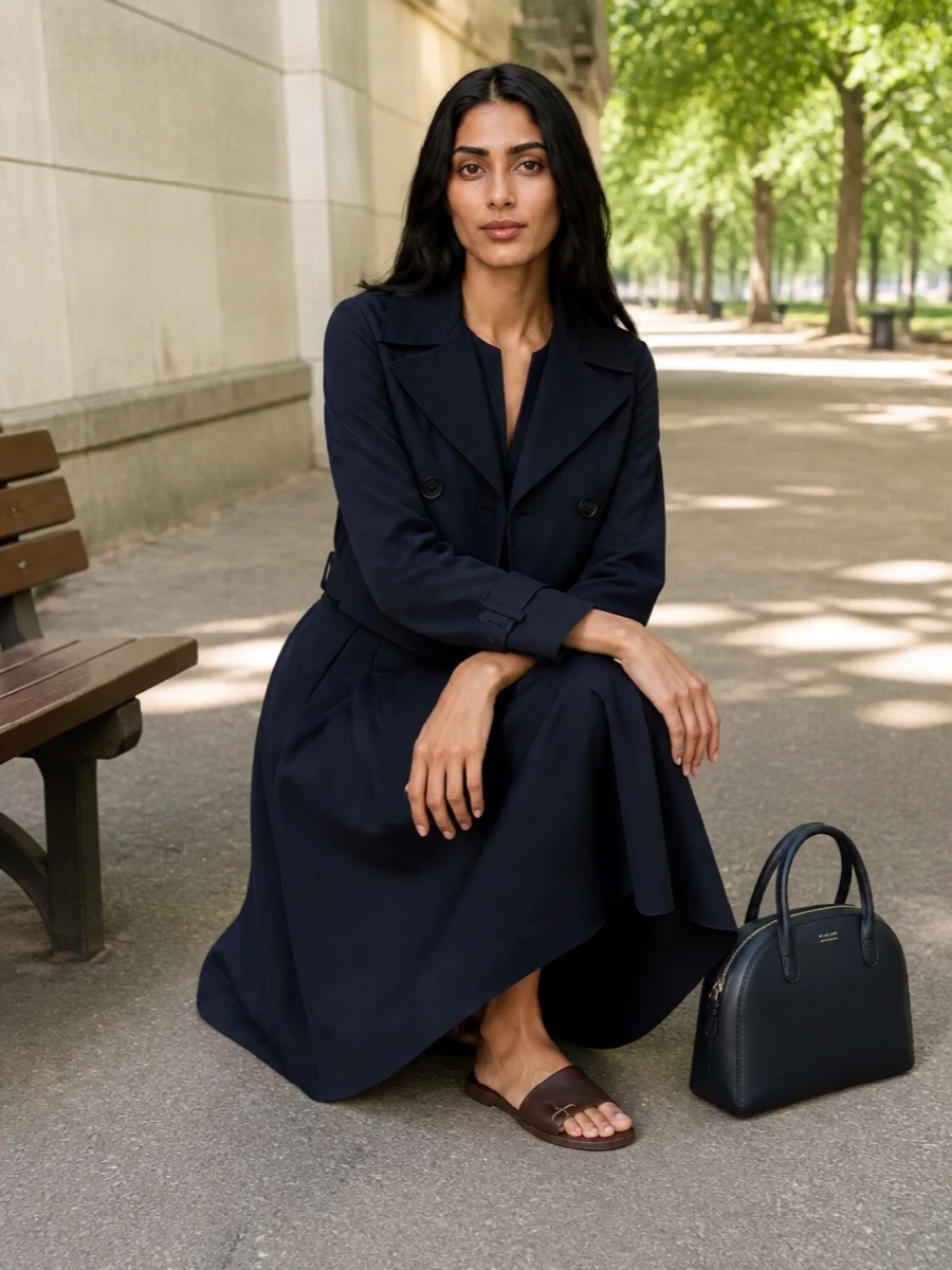 Going with the dress route keeps the lines clean under the cropped double-breasted jacket, so the eye reads one long, inky column rather than breaking at a waistband. The navy midi dress and jacket work like a soft two-piece, grounded by deep brown slides and a structured navy bag for warm days when you want ease that still feels intentional. Everything sits in the same quiet, tailored register, so it moves naturally from office hours to late terrace dinners with a simple jewellery shift.