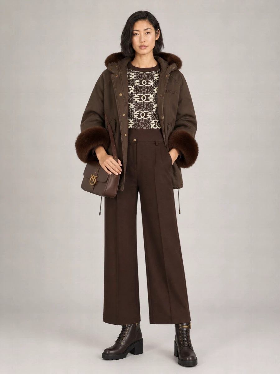 Pinko Cotton Hooded Faux Fur Sleeve Oversized Coat