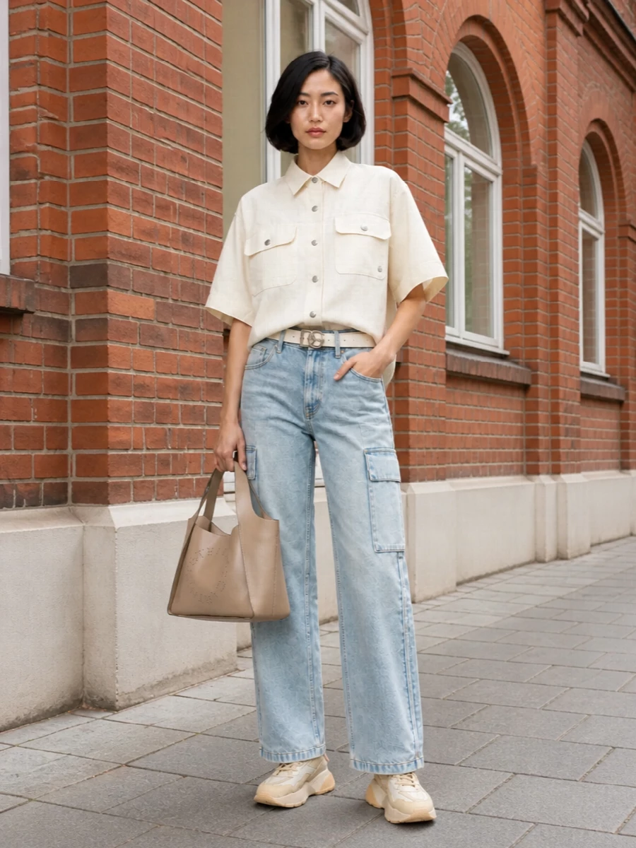 Soft utility neutrals and light-wash cargo denim meet in a relaxed, boxy-meets-straight silhouette that feels easy but intentional. The creamy shirt and tonal belt pull the waist into focus, while the sculpted sneakers and blush top-handle add just enough polish for city days. It is a clean, modern way to do cargo that still reads quietly luxurious rather than overtly streetwear.