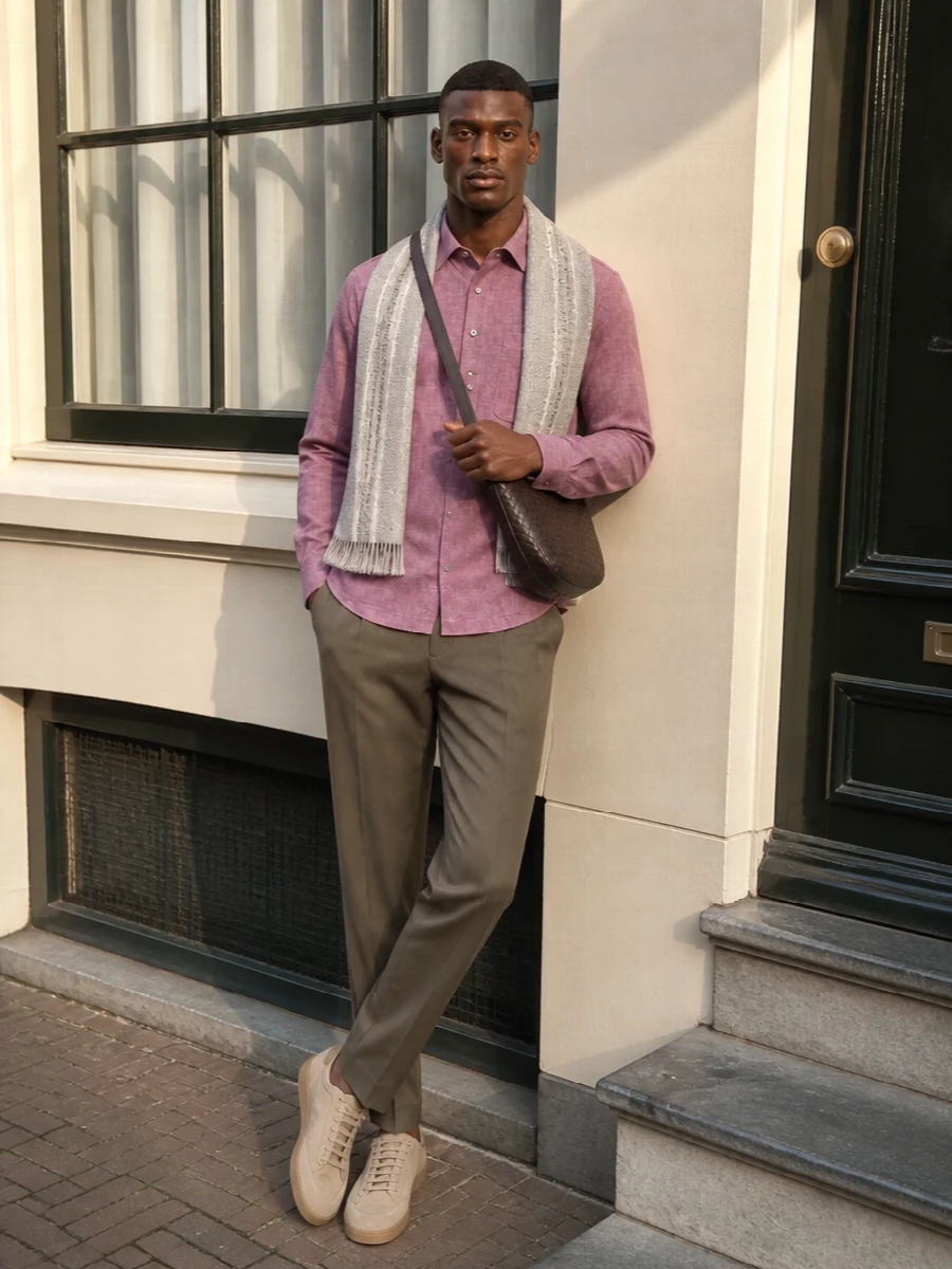 Dusty mauve meets olive taupe for a calm, tailored pairing that feels precise without trying too hard. Sand-toned sneakers keep the mood relaxed yet polished, while the rich brown crossbody and soft stone scarf add depth without crowding the palette. It is an easy city uniform for days that turn into dinners, grounded in subtle color and clean lines.