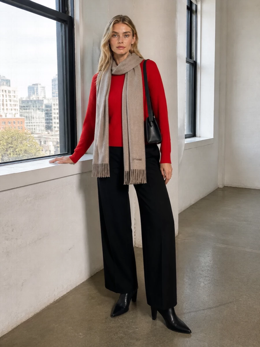 Jil sander red sweater black wide leg trousers