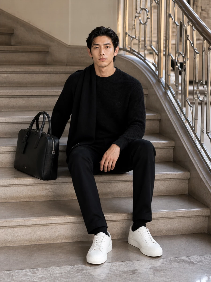 Giorgio armani black sweater dark jeans outfit