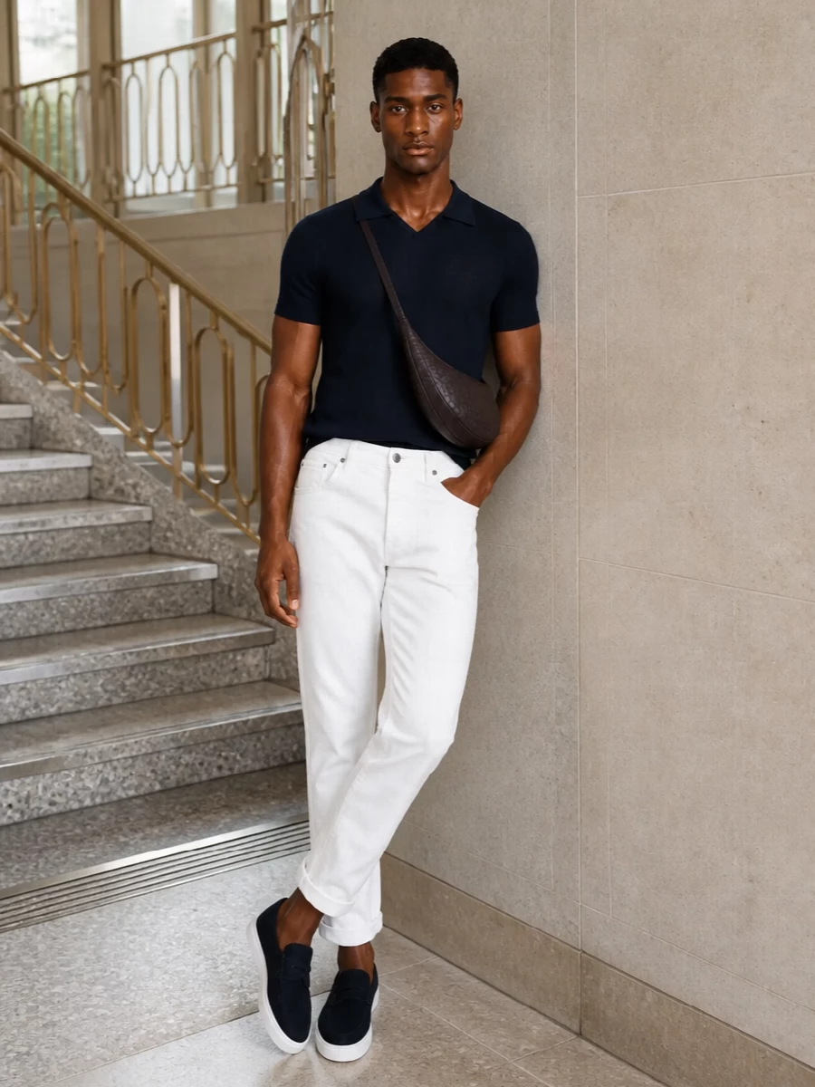 Brunello cucinelli navy polo off white trouser outfit