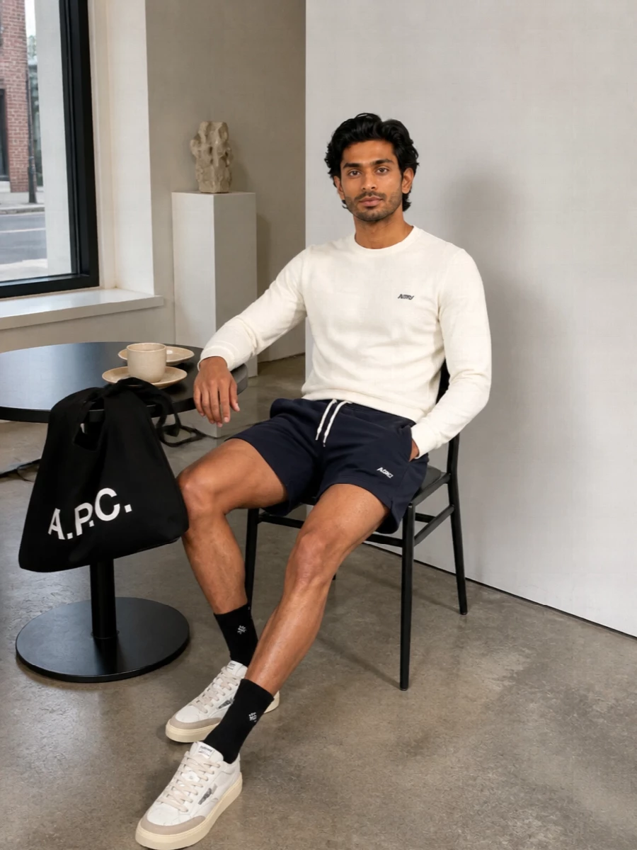 Autry long sleeve navy shorts white sneakers