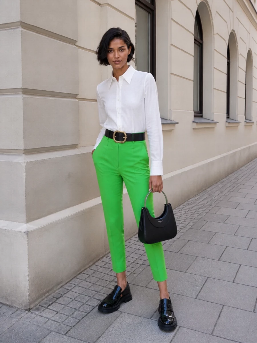 Alexander mcqueen neon trousers white shirt outfit