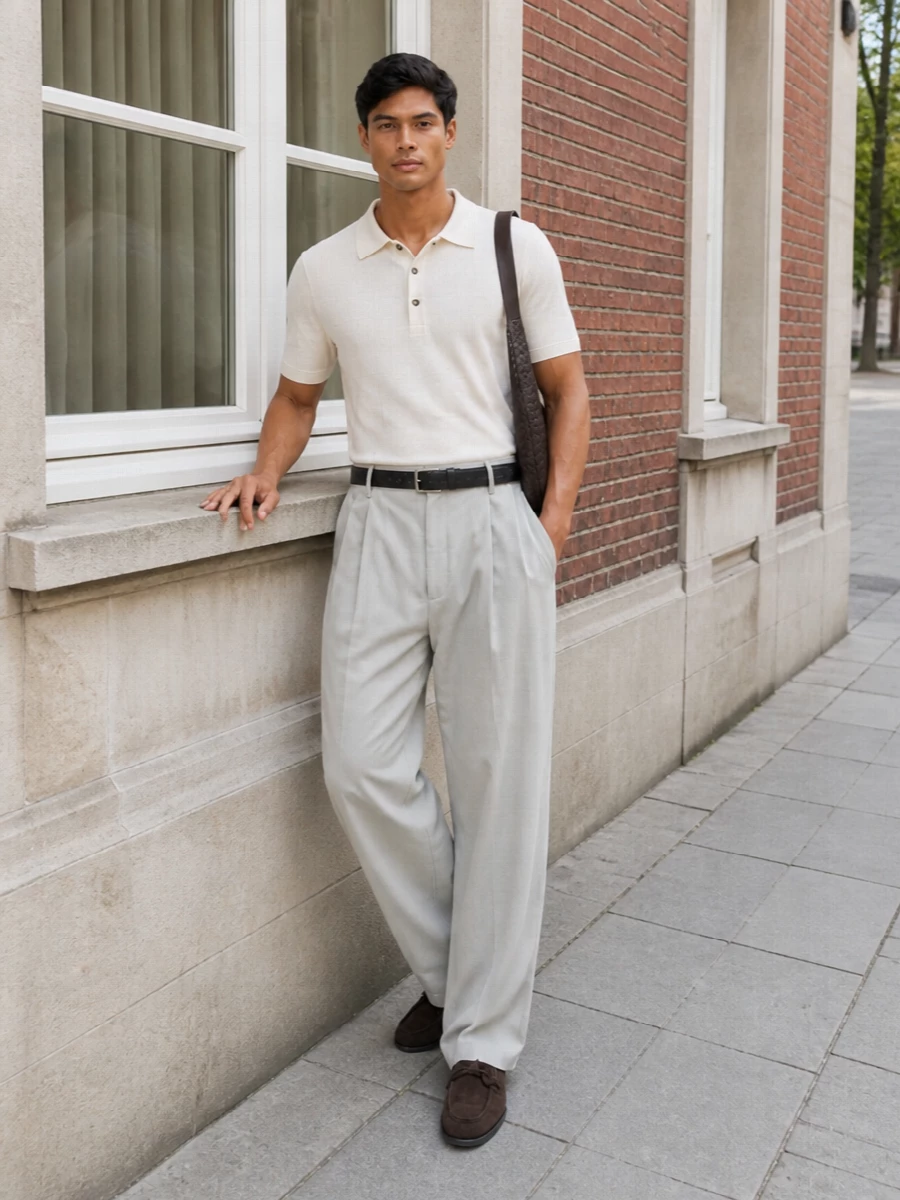 An ivory knit polo sits neatly over high-rise, light grey wide-leg trousers for a softly architectural take on smart warm-weather dressing. Dark chocolate suede loafers and a slim black belt ground the pale tones with discreet structure. A deep espresso intrecciato crossbody finishes the ensemble with tactile depth while keeping the mood calm and precise.