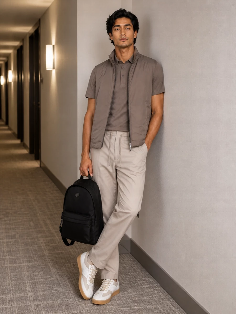 A quietly technical city ensemble in layered taupe and stone, grounded with a crisp neutral sneaker. The mix of polo, drawstring tailoring and padded textures keeps it relaxed yet precise for travel, errands or low-key meetings.