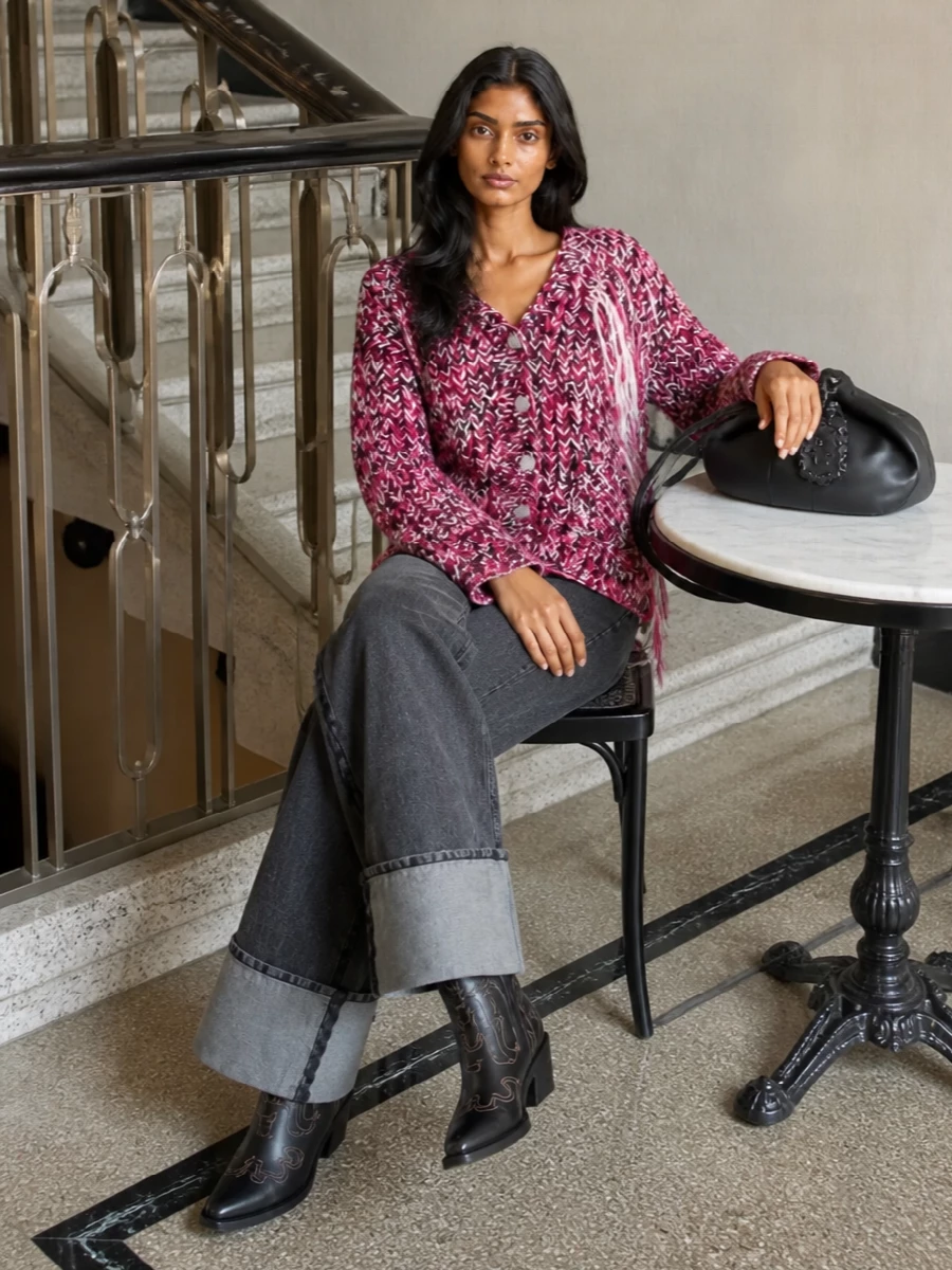 Ganni pink cardigan wide leg jeans western boots