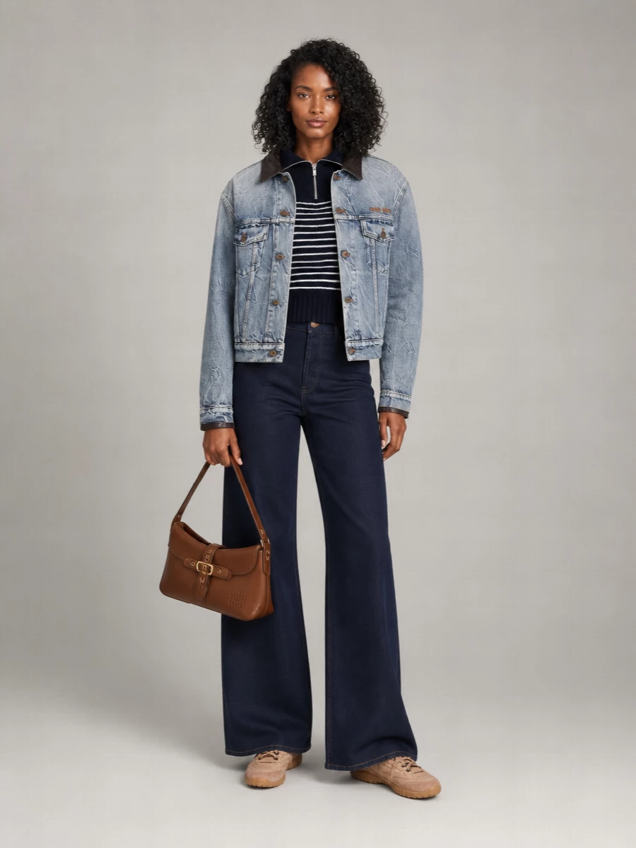 Miu Miu Denim Jacket With Lamb Leather Collar