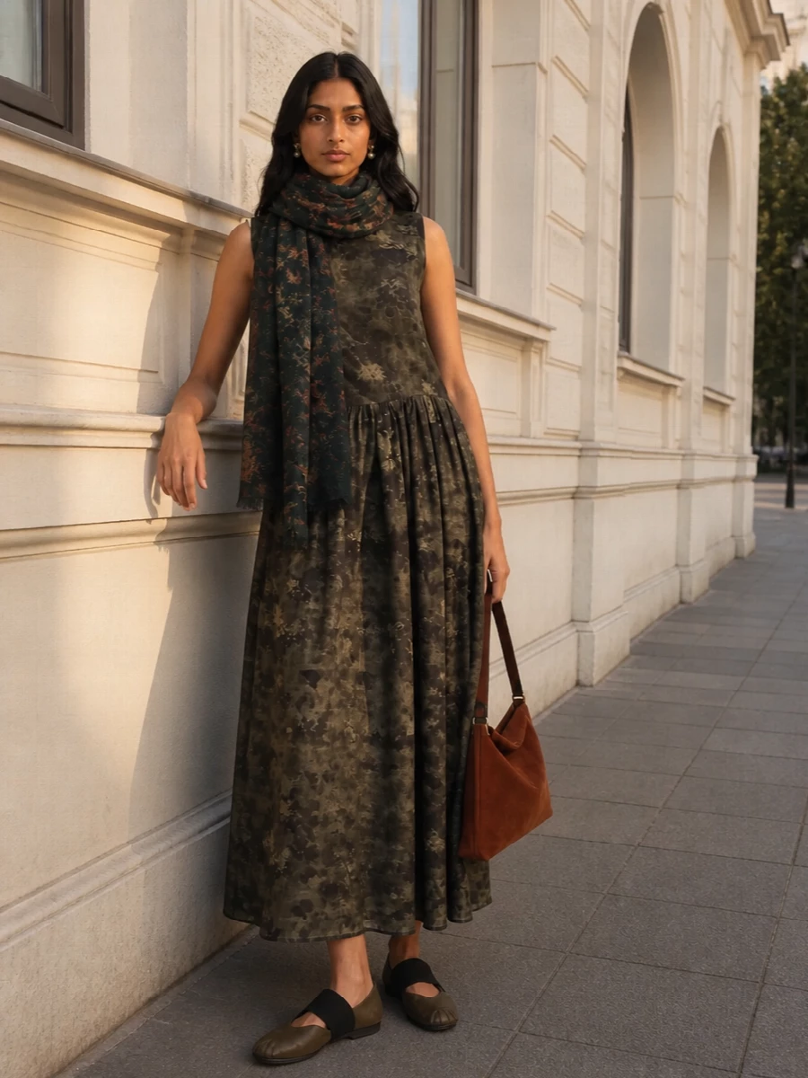Uma wang floral maxi dress with flats suede bag