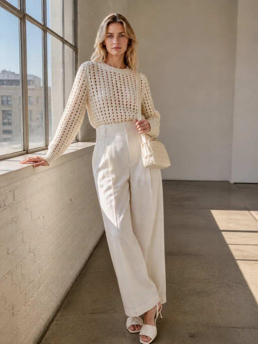 Bottega veneta ivory knit wide leg trousers outfit