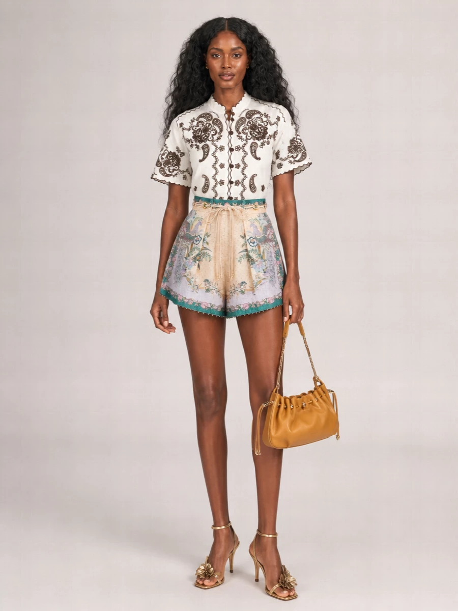 Zimmermann Linen High-Rise Pleated Printed Shorts