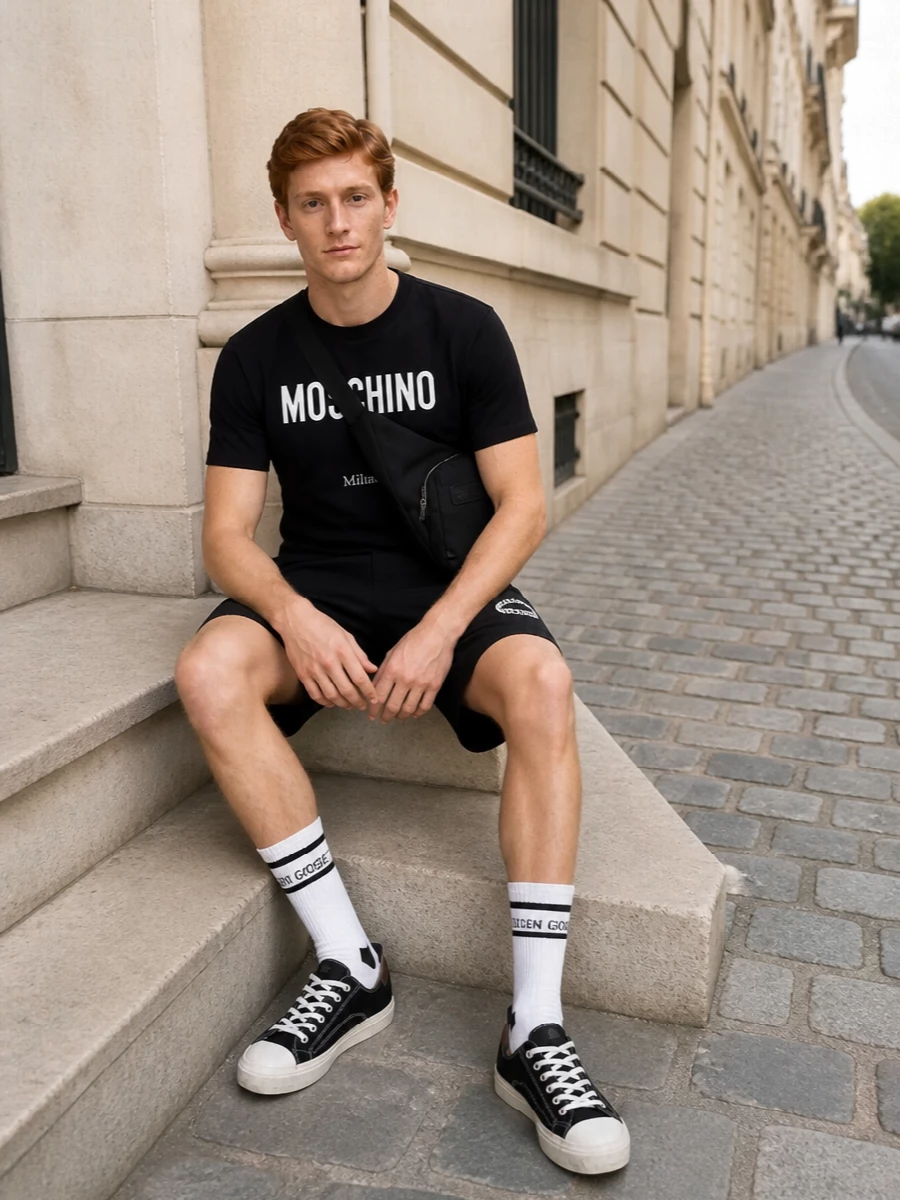 Moschino black cargo shorts logo t shirt outfit
