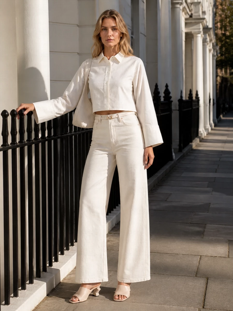 An all-ivory story built around directional volume, this pairing lets the cropped Margiela shirt sit cleanly on the high-rise wide-leg denim for a sharp, modern line. Sculptural mules and a curved ivory shoulder bag keep the mood quietly architectural, while the fine white belt just nods to hardware so the palette stays soft and calm. It is relaxed enough for daytime galleries yet polished enough for dinner in the city.
