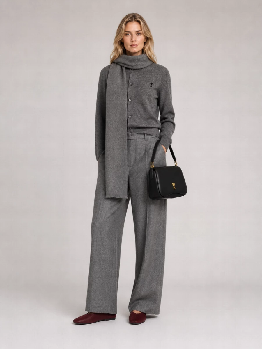 Ami Paris Wool Ribbed Crew Neck Cardigan