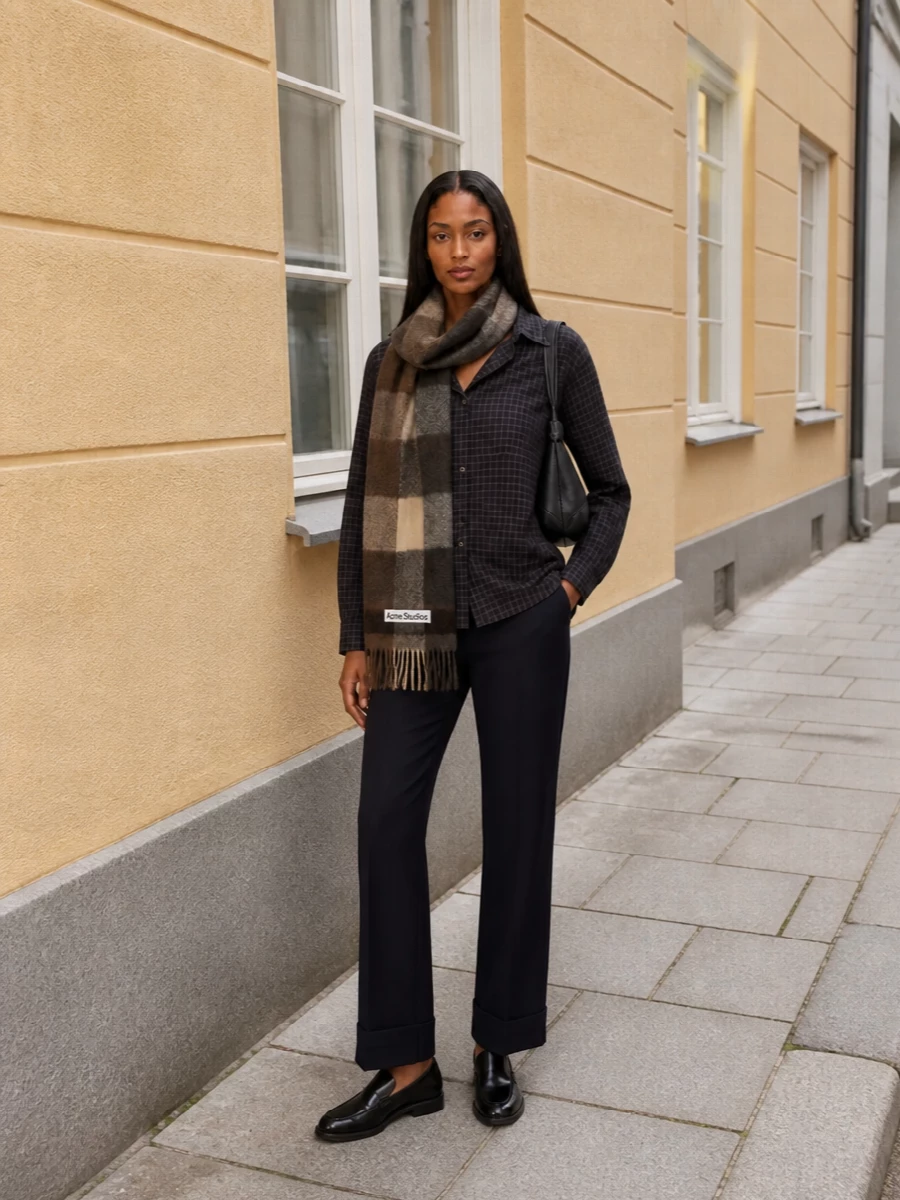 Our legacy check shirt navy tailored trousers outfit