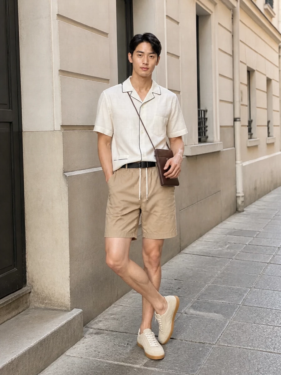 Sand deck shorts with the off-white piped camp-collar shirt create a refined resort uniform in soft neutrals, lifted by the graphic black edge for a modern, considered line. Light beige suede sneakers keep the look relaxed yet polished, while the slim chocolate crossbody and discreet black belt add just enough depth and structure to anchor the palette for city terraces or coastal weekends alike.