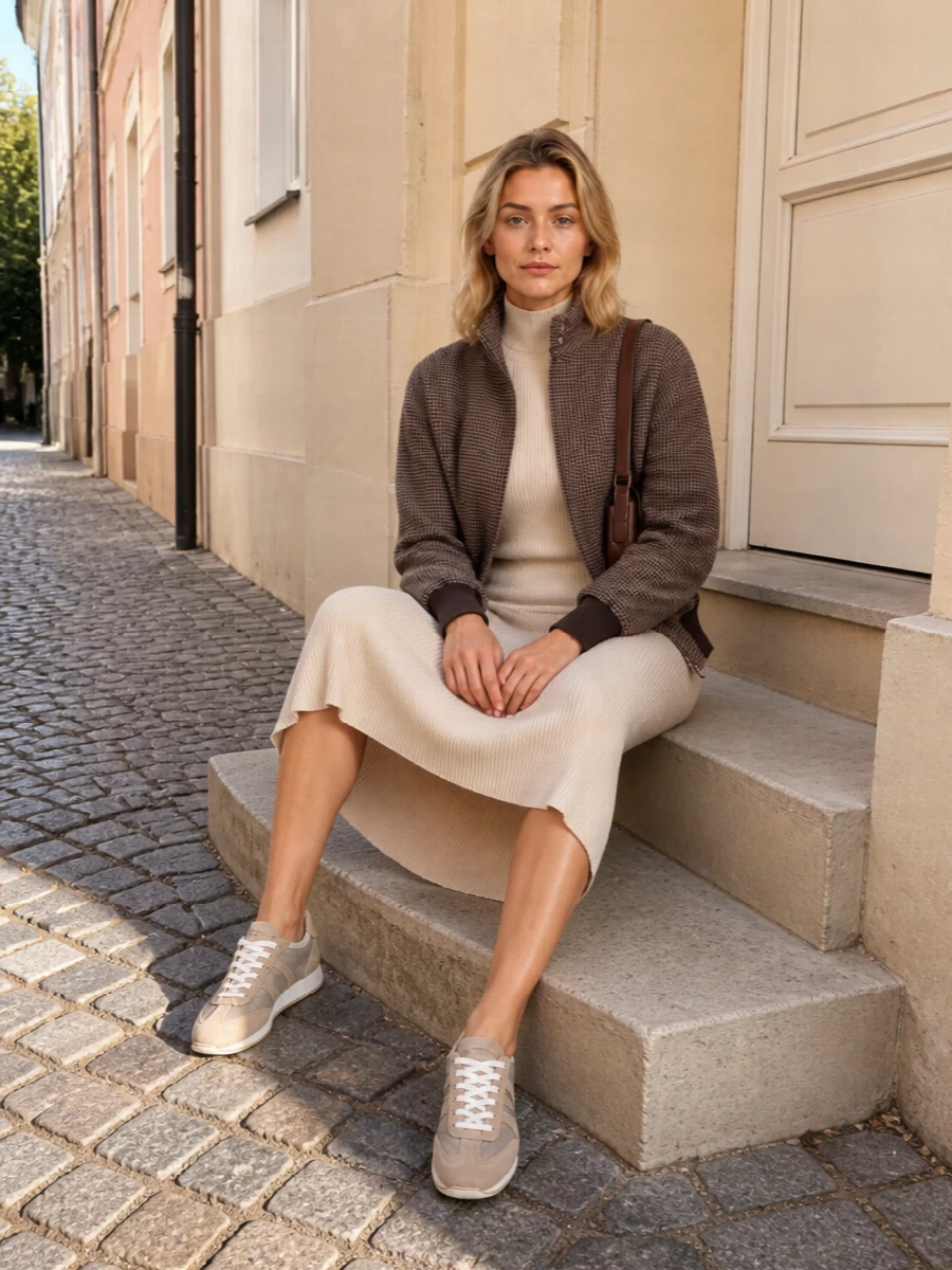 I’m styling the Miu Miu bomber over the Balenciaga ribbed beige midi so the jacket’s collegiate houndstooth lands in a softer, more modern place than with a preppy mini. Taupe technical runners keep it rooted in luxury streetwear rather than classic tailoring, and the slim chocolate shoulder bag finishes it with calm, city-ready polish. The mix feels relaxed but intentionally put together, ideal for warm-season days that run long.