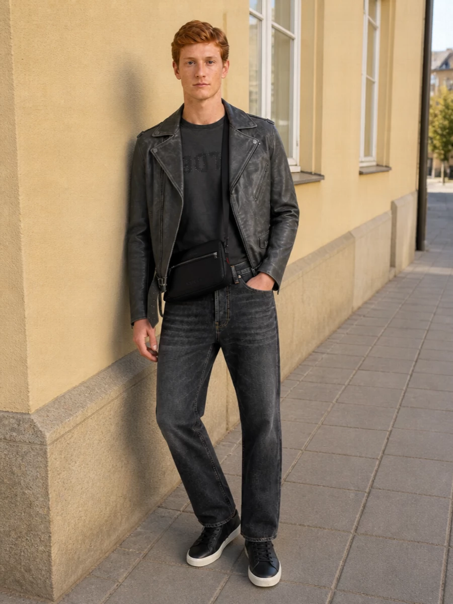Golden goose biker jacket charcoal jeans outfit