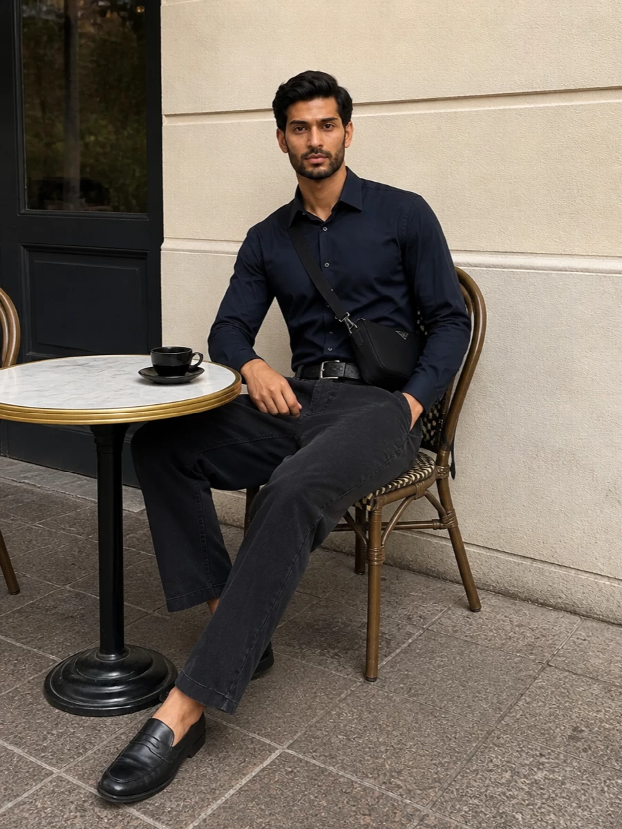 Prada navy shirt black pleated trousers outfit