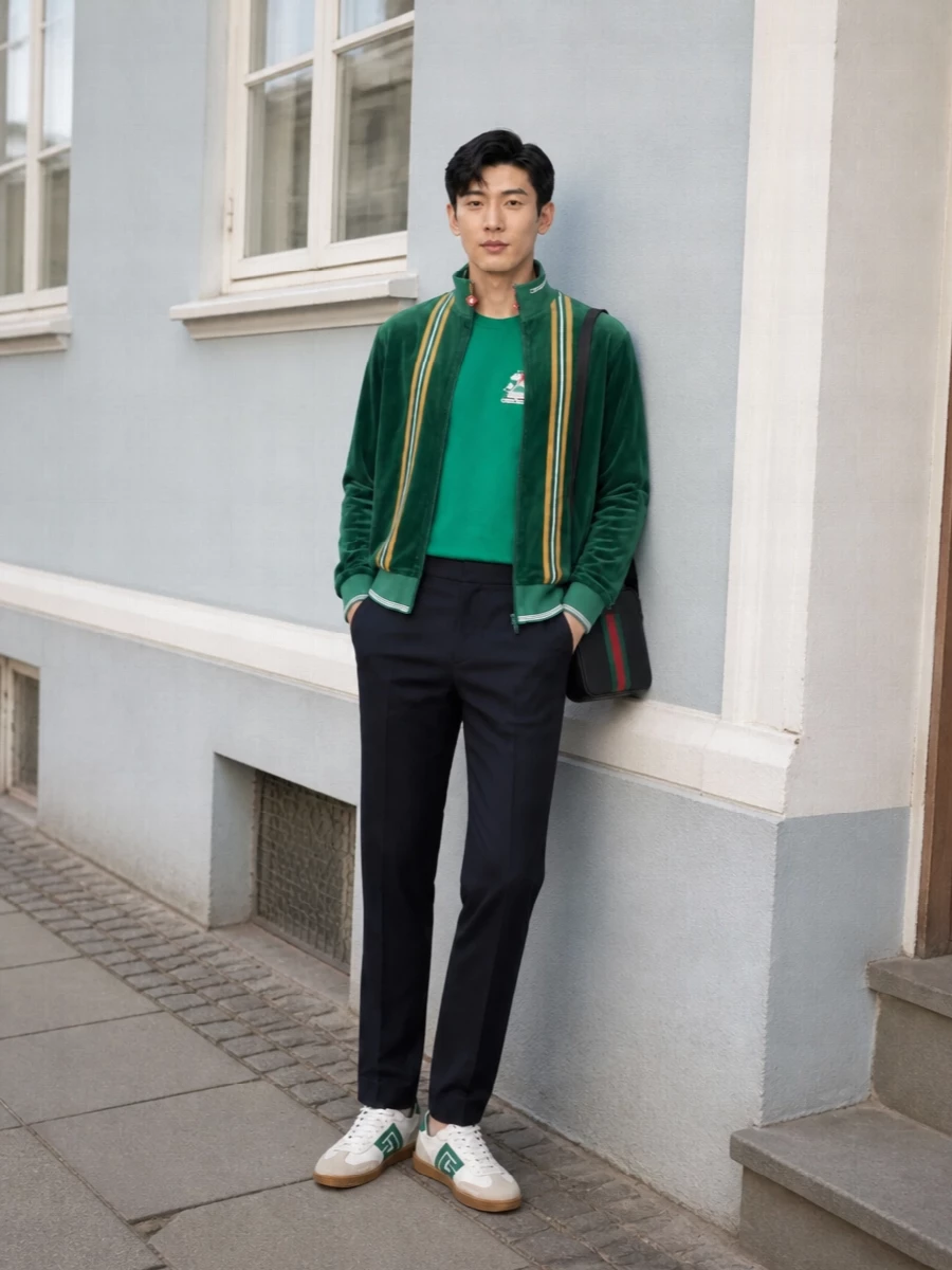 Casablanca green track jacket gucci bag outfit