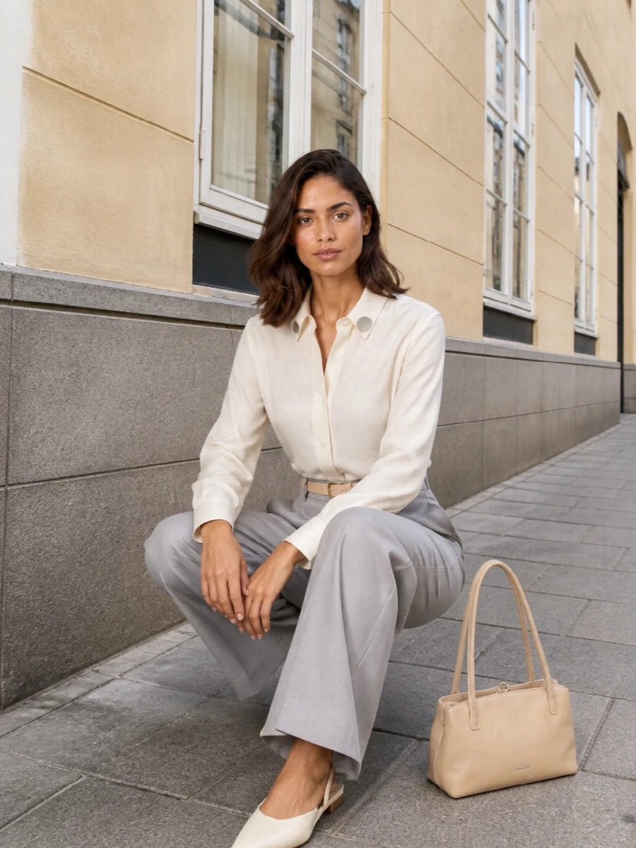 A study in soft precision, this pairing of light dove-grey wide-leg trousers and a fluid ivory shirt creates a long, uninterrupted column in gentle neutrals. Cream pointed slingbacks and a butter-beige shoulder bag keep the mood polished yet calm, while a slim nude belt subtly anchors the high-rise waist. It is modern boardroom-ready tailoring that still feels relaxed and breathable for warmer days.