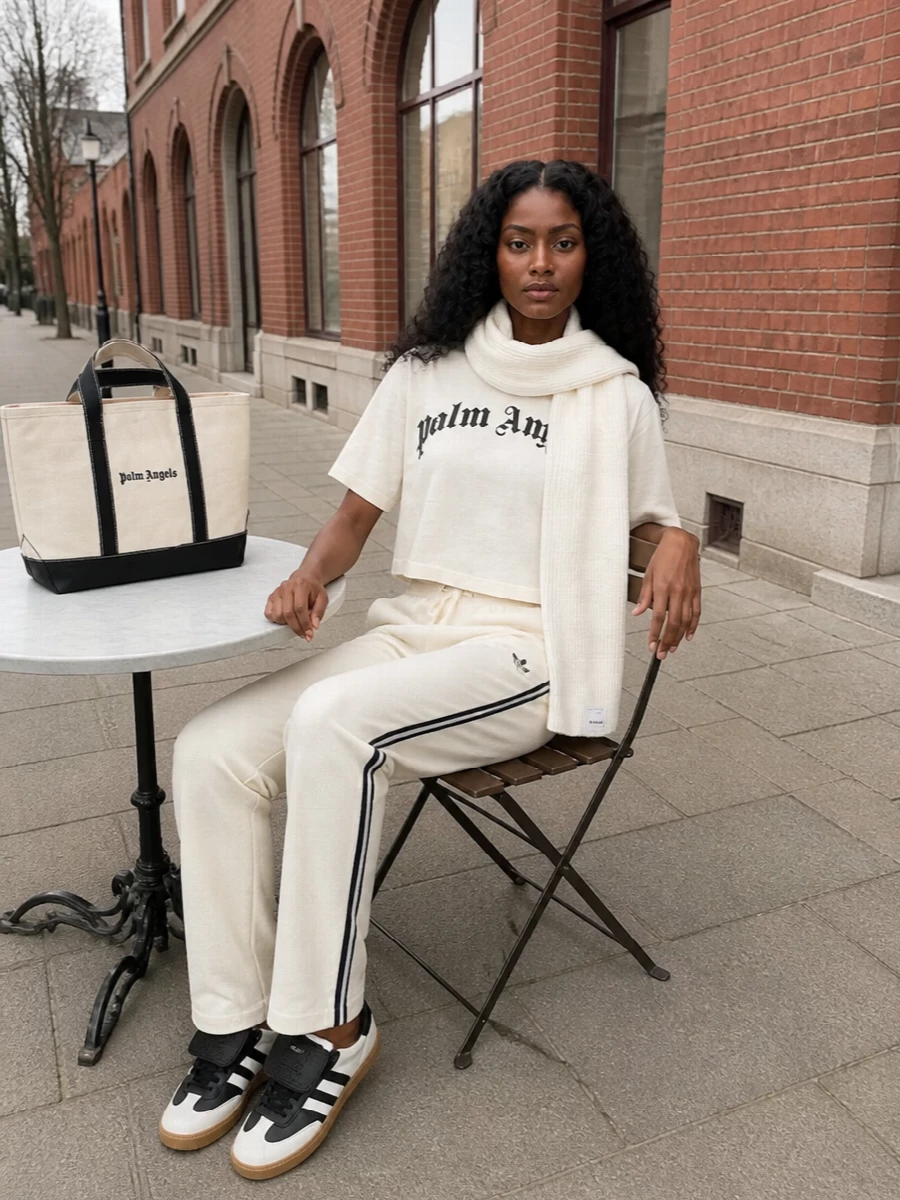 Palm angels crop tee adidas cream track pants