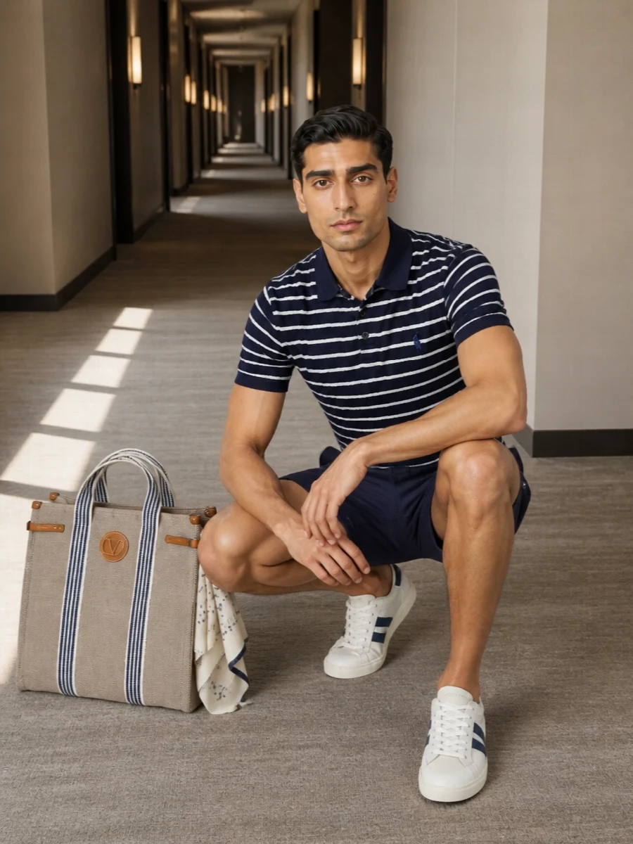 Navy-on-navy keeps this polo and short pairing sharp yet relaxed, with the clean swim short balancing the knit stripe for an easy city or marina day. Off-white Bally sneakers pick up the lighter bands in the polo, while the Valentino canvas tote and Tom Ford scarf add a quiet Riviera touch without pushing the formality. It is preppy, practical and polished enough to carry you from waterfront walk to terrace lunch in one move.