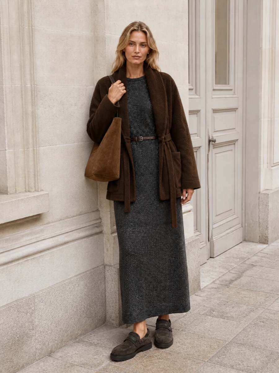 This is a fully tonal Brunello Cucinelli-driven winter story built around soft belts and long, calm lines rather than separates. The charcoal knit dress reads like a refined indoor column under the dark chocolate robe, while suede moccasins and a spacious tote keep the mood grounded and cocooning for city days that feel as soft as staying in.