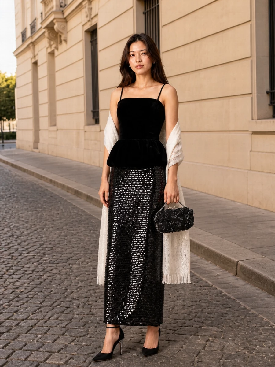 A black velvet and sequin gown is paired with razor sharp crystal-heeled sandals and a compact floral-appliqué clutch for pure after-dark impact. Silver orb studs and a softly shimmering wrap add just enough highlight without distracting from the sculpted peplum and liquid column skirt. The result feels dramatic, body-conscious and unapologetically ready for late-night parties.